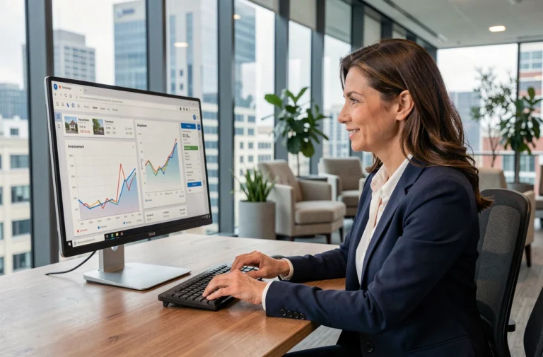 Femme professionnelle analysant des données d'investissement immobilier sur un écran dans un bureau moderne
