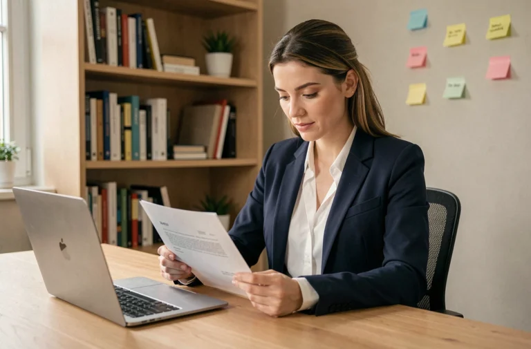 Femme professionnelle révisant son CV à son bureau à domicile pour dynamiser sa recherche d'emploi