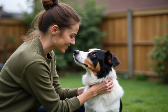 Femme ajustant un collier anti-aboiement sur son Border Collie dans un jardin