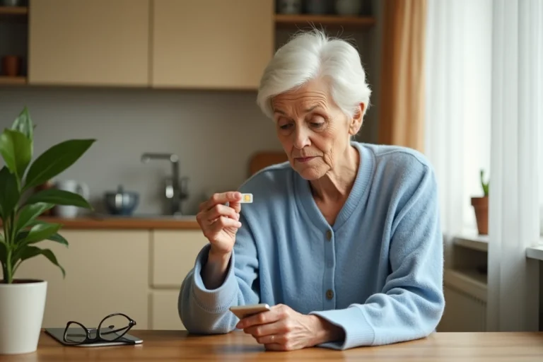 Femme senior examinant une carte SIM pour téléphone Doro à la maison
