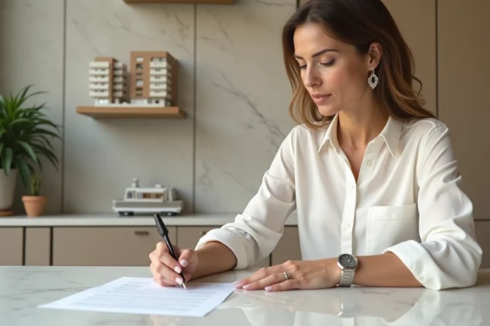Femme signant les statuts d'une SCI dans un bureau juridique minimaliste, symbolisant la création d'une société civile immobilière