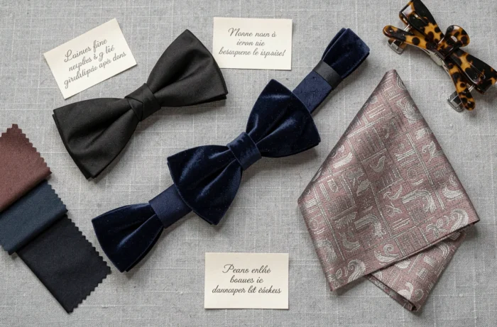 Flat lay de trois nœuds papillon assortis à des échantillons de tissu de costume sur fond lin gris pour guide de style