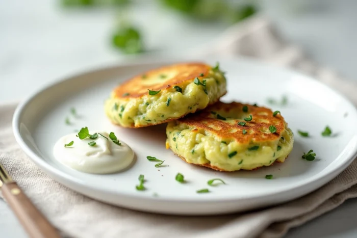 Deux petites galettes de courgette et ricotta dorées sur une assiette blanche avec une mini fourchette