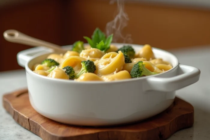 Petit plat à gratin de coquillettes au brocoli avec une croûte dorée pour bébé