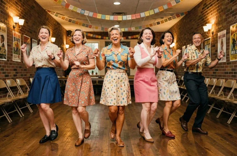 Groupe d'adultes dansant le Madison en ligne synchronisée dans une salle de fête rétro décorée de guirlandes colorées