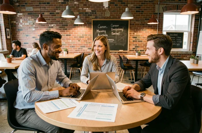 Groupe de professionnels discutant ensemble du choix de formations pour développer leurs compétences