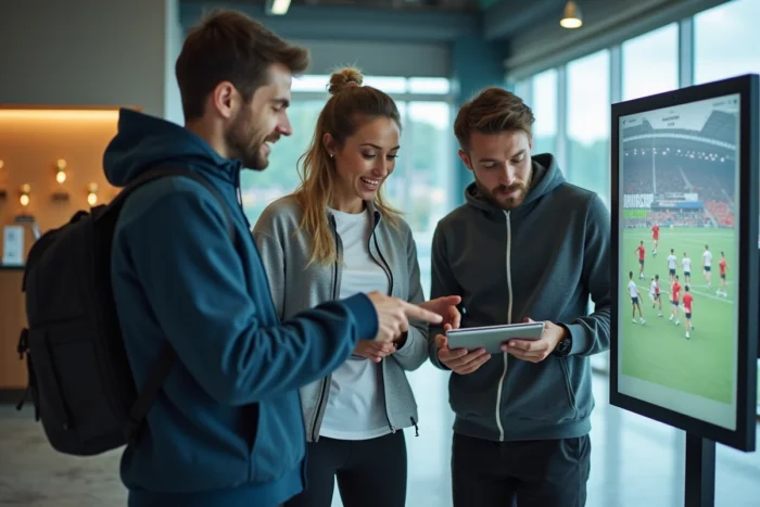 Groupe de personnes découvrant les rubriques sportives sur un guide numérique interactif dans un complexe sportif