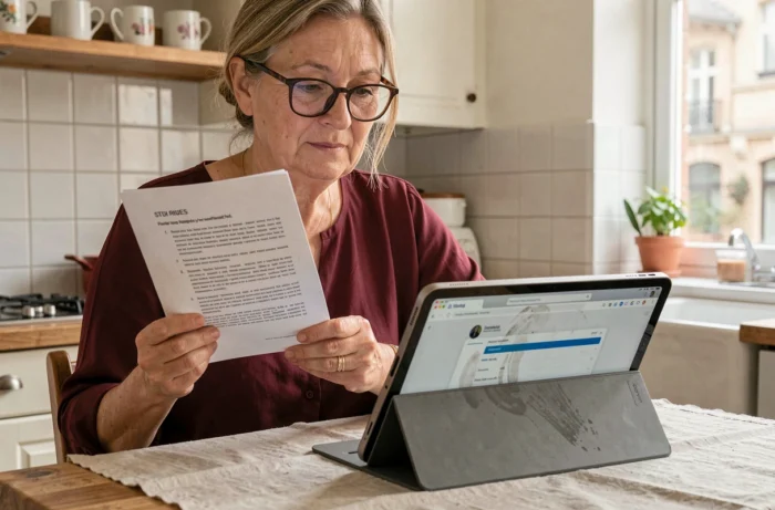 Femme mature suivant un guide papier pour accéder au webmail Convergence Montpellier depuis une tablette dans une cuisine