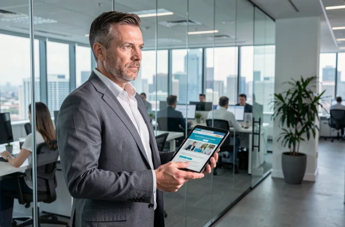 Homme cadre consultant une plateforme de formation en ligne dans un bureau professionnel moderne