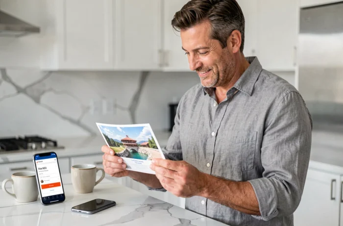 Homme tenant une carte postale imprimée personnalisée dans une cuisine moderne, après avoir passé commande en ligne