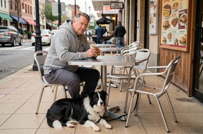 Homme avec son chien border collie en terrasse extérieure d'un fast food