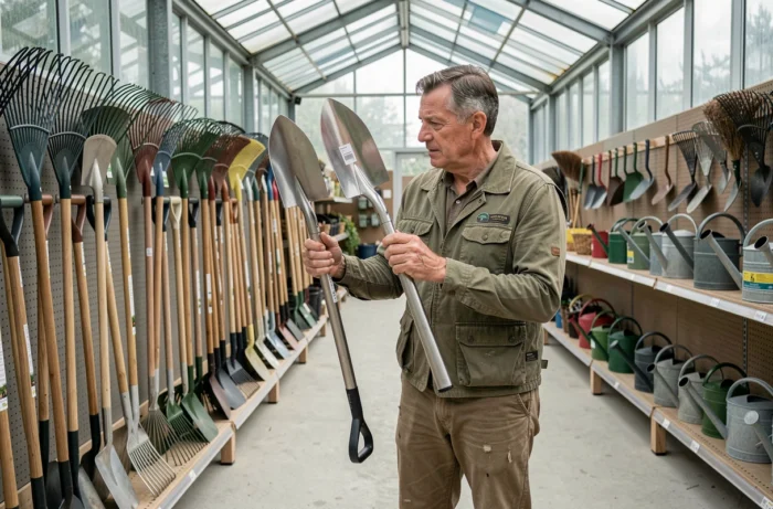 Homme comparant des bêches en jardinerie pour choisir l'équipement de jardinage adapté