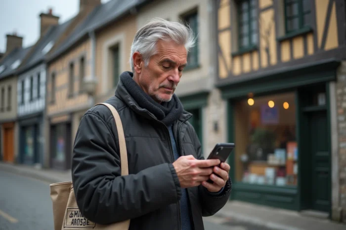 Homme utilisant le Portail Breton sur smartphone devant une façade à colombages dans une rue pavée de Rennes