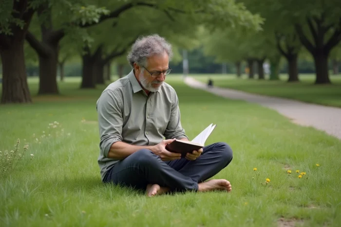 Homme assis pieds nus dans une prairie urbaine lisant un livret, illustrant les nouveautés éditoriales de L'Herbe sous le Pied