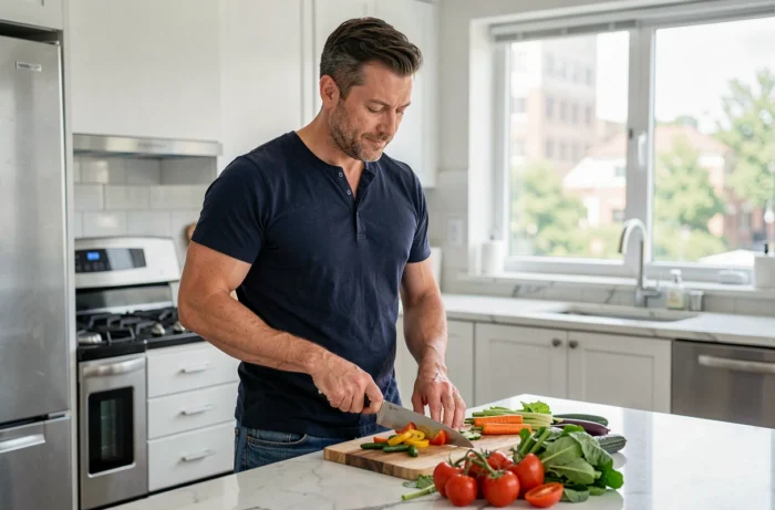 Homme préparant un repas sain avec des légumes frais dans une cuisine moderne dans le cadre d'une routine quotidienne améliorée