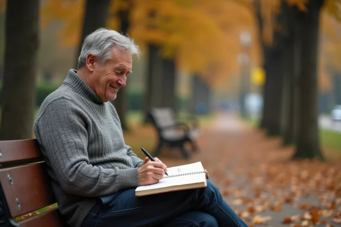 Homme retraité prenant des notes dans un carnet assis sur un banc de parc en automne, reflétant sereinement sur sa retraite