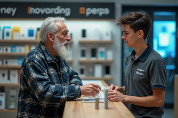 Senior homme en boutique téléphonie choisissant une carte SIM adaptée au téléphone Doro