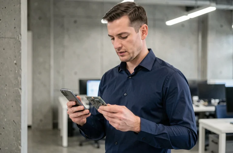 Homme en bureau technologique tenant un smartphone 5G et une carte de circuit imprimé pour illustrer le fonctionnement de la 5G