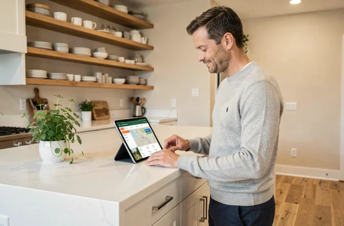 Homme consultant une plateforme immobilière sur tablette dans une cuisine moderne et lumineuse