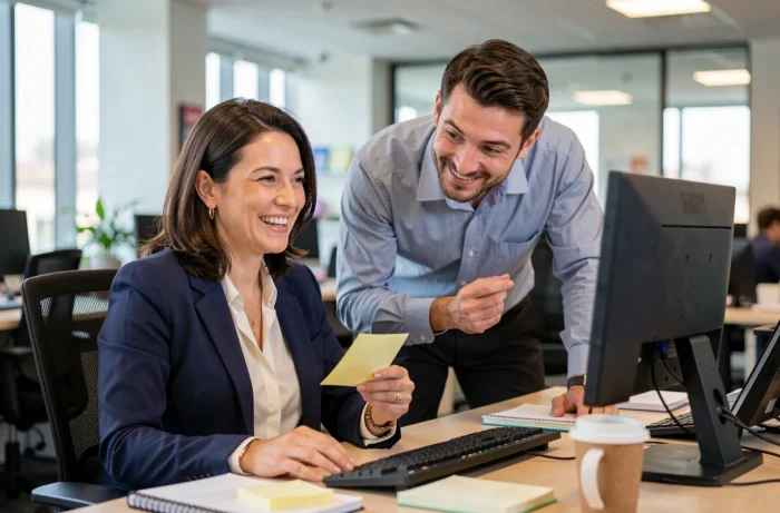 Femme souriante au bureau tenant un post-it amusant partagé par un collègue, humour au travail