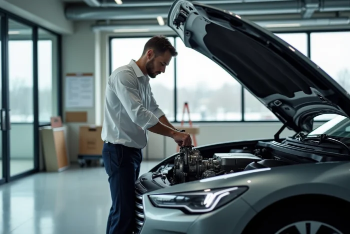 Ingénieur automobile examinant un moteur hybride dans un studio de design high-tech, actualités industrie auto 2024