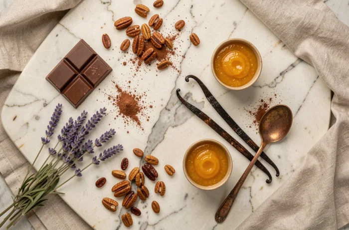 Vue de dessus d'ingrédients gourmands sur marbre blanc : chocolat, noix caramélisées, lavande et gousses de vanille