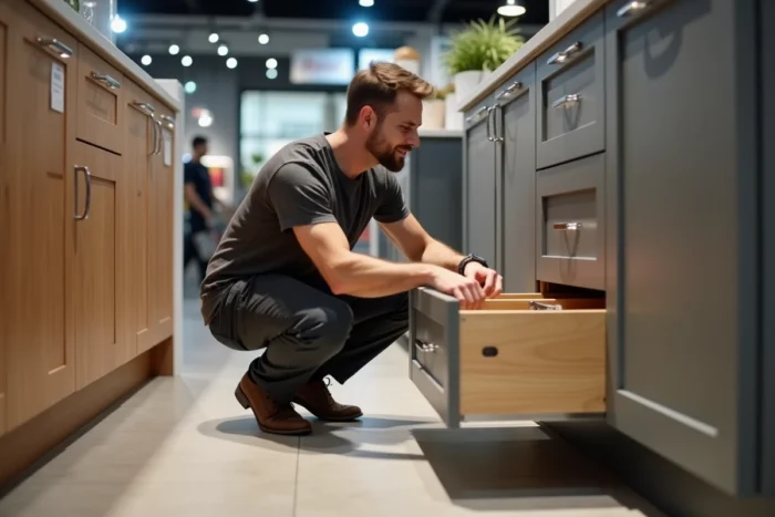 Homme inspectant la qualité d'un tiroir de cuisine en showroom, comparaison de finitions bois et laqué gris
