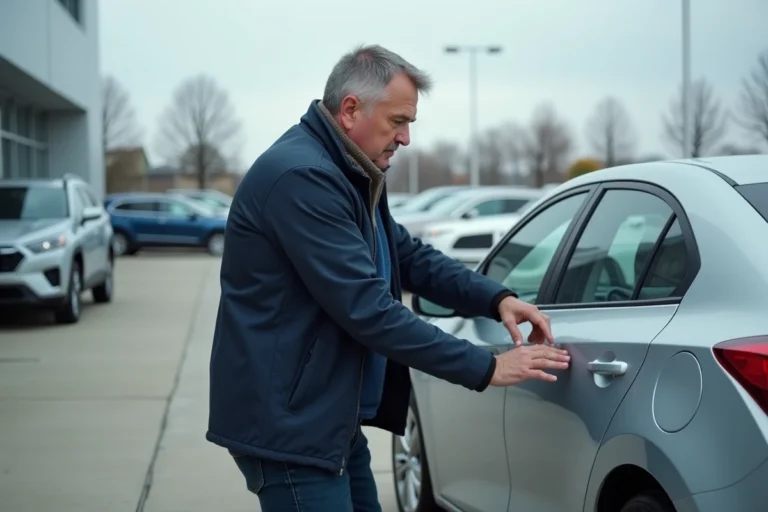 Un homme inspectant une voiture d'occasion chez un concessionnaire Aramis Auto, examinant la carrosserie avec attention