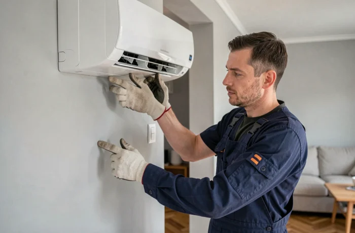 Technicien installant un climatiseur mural split dans un salon moderne