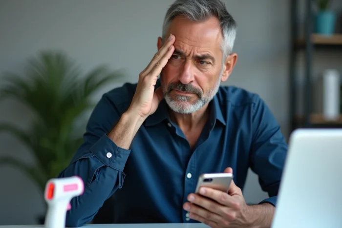 Homme tenant un iPhone près de son front pour tester la mesure de température, avec un thermomètre infrarouge posé sur un bureau de bureau à domicile
