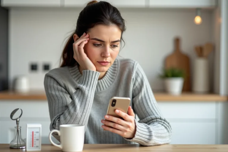 Femme tenant un iPhone à côté d'un thermomètre en verre sur une table de cuisine, comparant la mesure de température entre smartphone et thermomètre traditionnel