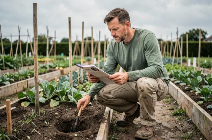Jardinier consultant un guide lunaire dans un potager communautaire pour semer des haricots verts en 2026