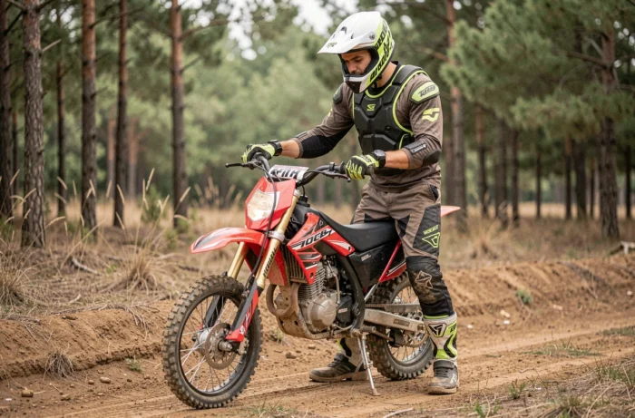 Jeune motard en tenue complète inspectant une 125 cross homologuée sur un chemin de terre en forêt