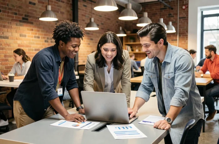 Groupe de jeunes professionnels collaborant sur leur développement de carrière dans un espace de co-working