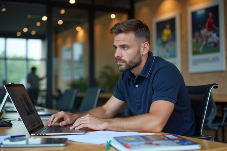 Journaliste sportif consultant un guide complet des rubriques sportives sur son bureau en newsroom moderne
