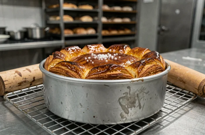 Gros plan d'un kouign-amann doré et caramélisé sur une grille de refroidissement dans une cuisine de pâtisserie professionnelle