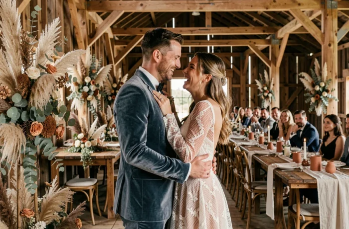 Couple de mariés tendance dans une grange rustique décorée de fleurs séchées, style mariage bohème chic 2024