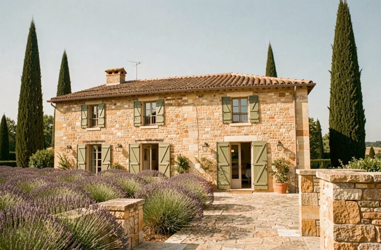 Mas provençal en pierre avec volets en bois et champs de lavande, lieu de tournage de Demain nous appartient
