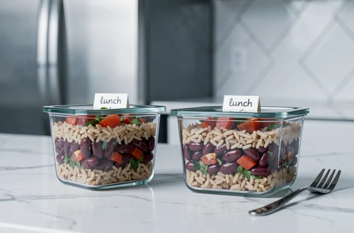 Deux contenants en verre de préparation de repas avec du riz complet et des haricots rouges sur un plan de travail en marbre blanc