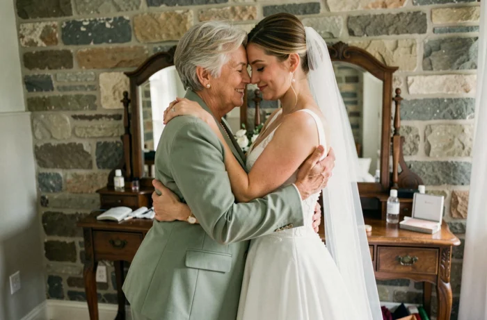 Mère et belle-fille s'embrassant avec émotion dans le salon de préparation le jour du mariage