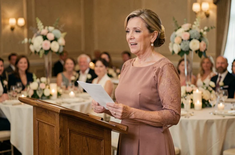 Mère émue donnant un discours lors du mariage de son fils dans une salle de réception décorée