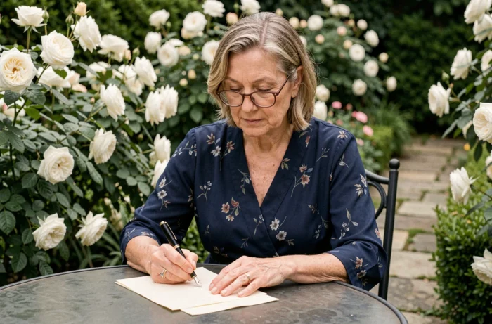 Mère concentrée en train de rédiger son discours pour le mariage de son fils dans un jardin fleuri