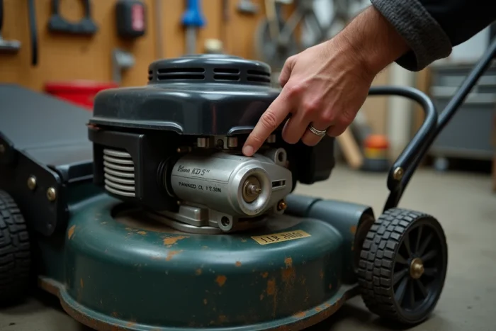 Gros plan sur le moteur d'une tondeuse thermique avec étiquette de cylindrée visible pour choisir la bonne puissance