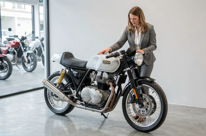 Conseillère en concession présentant une moto 125cc rétro deux places avec selle confortable en showroom