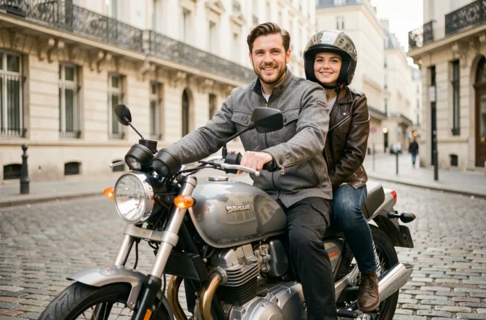 Homme et femme sur une moto 125cc naked deux places dans une rue pavée d'une ville européenne