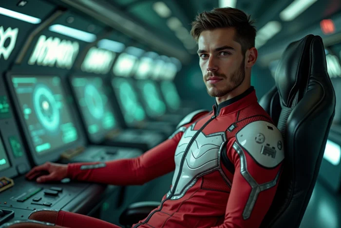 Jeune pilote masculin assis dans un cockpit futuriste avec interfaces holographiques, illustration d'un nouveau personnage de Darling in the Franxx saison 2