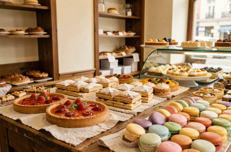 Table de pâtisserie artisanale parisienne avec tartes aux fruits, mille-feuilles et macarons colorés disposés avec soin