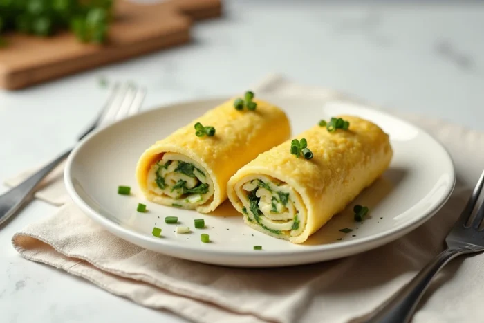 Omelette roulée aux herbes coupée en deux sur une assiette céramique avec une mini fourchette