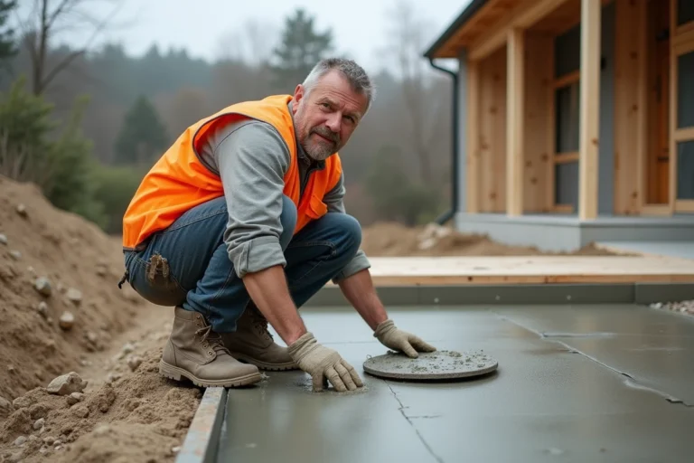 Ouvrier du bâtiment lissant une dalle de béton pour fondation de terrasse extérieure