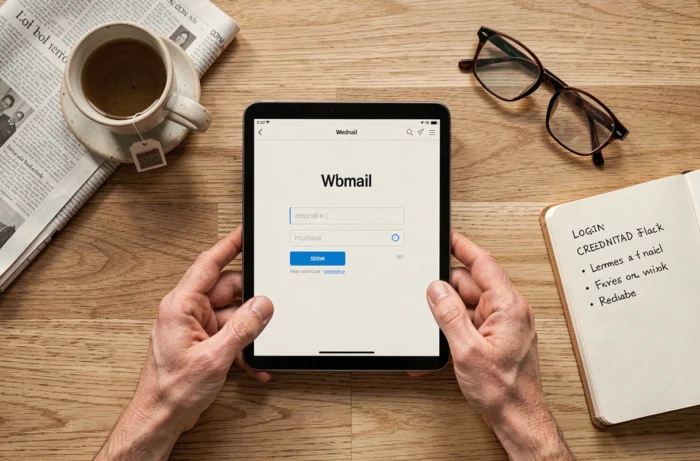 Vue de dessus d'une tablette affichant la page de connexion Wanadoo posée sur une table avec des accessoires du quotidien